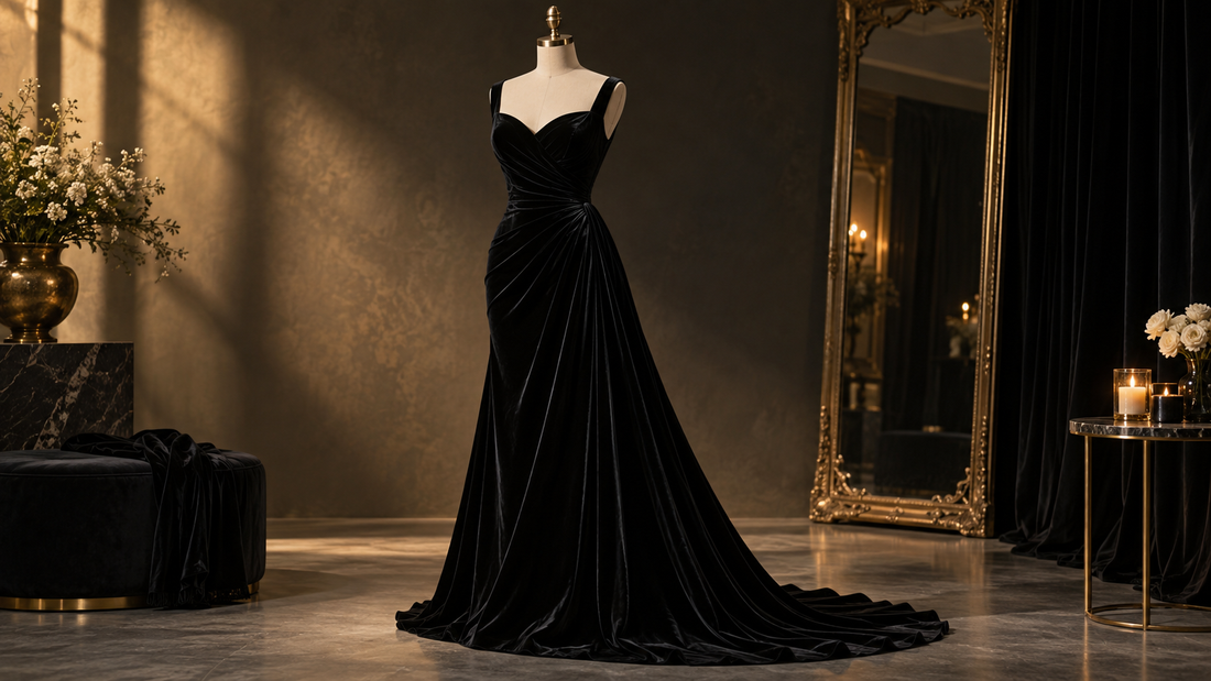 Black velvet evening dress in a dramatic studio