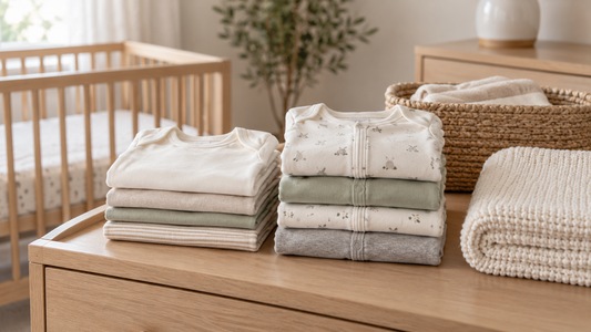Safe cotton newborn clothes folded in a serene nursery