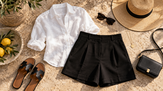 Black tailored shorts styled with a white shirt