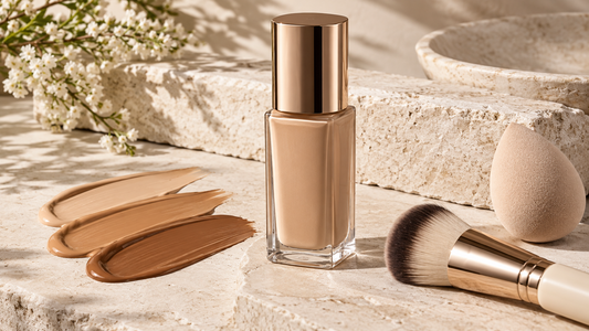 Unlabeled full coverage foundation with brush and pigment swatches