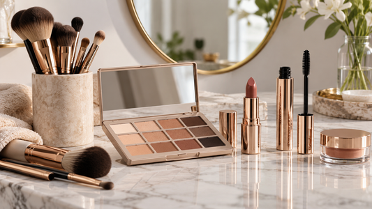 Unlabeled cosmetics arranged in a modern beauty studio