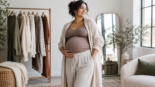 Pregnant woman wearing comfortable modern maternity clothes