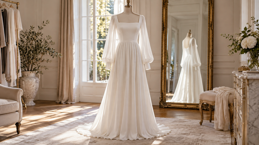 White long sleeve dress in a sunlit dressing room