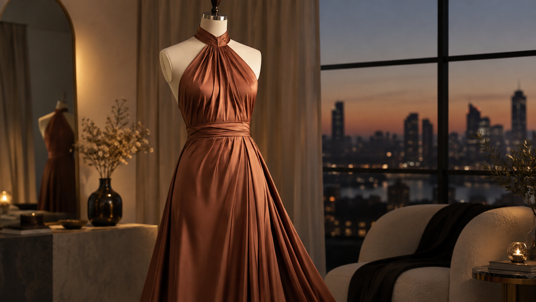 Halter neck dress displayed in an evening studio