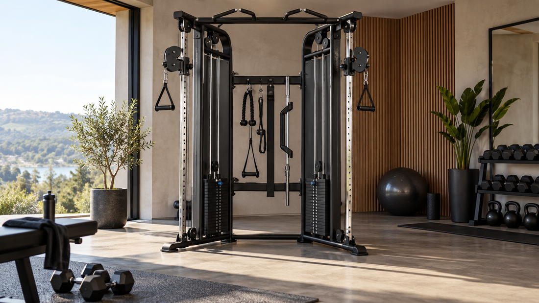 Functional trainer cable machine in a clean home gym