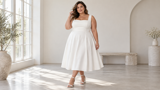 Plus-size woman wearing an elegant opaque white midi dress