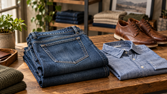 Men's blue jeans displayed with a shirt and leather shoes