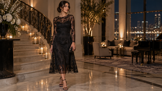 Woman wearing an elegant lined black mesh midi dress