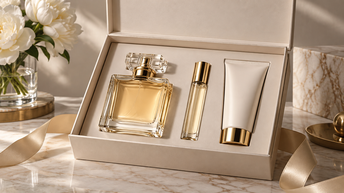 Unlabeled perfume gift set with bottles and body lotion