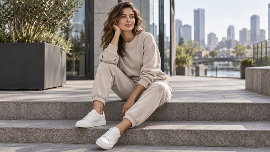 Woman wearing a coordinated neutral sweatsuit outdoors