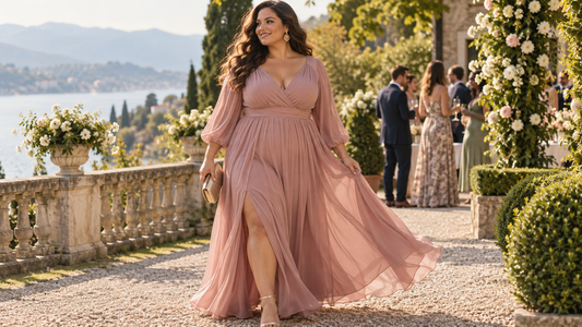 Plus-size woman wearing a flowing maxi dress at a garden event