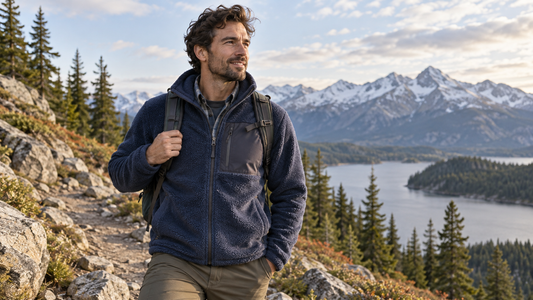 Man wearing a fleece jacket on a mountain trail