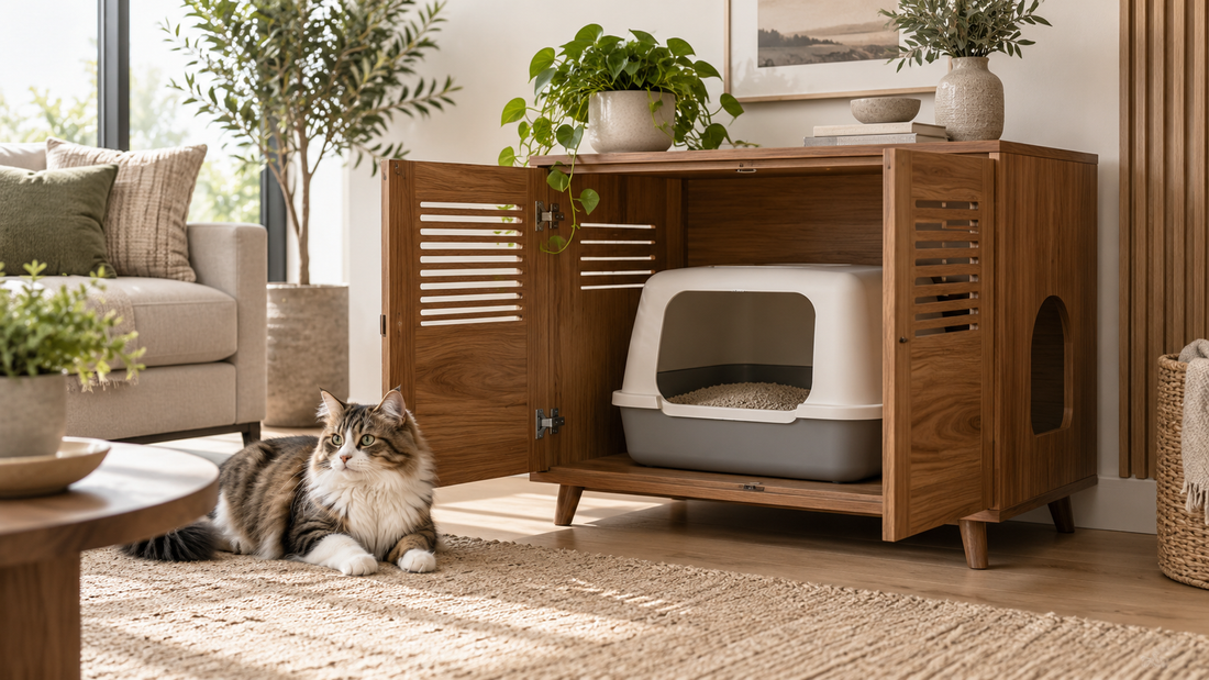 Ventilated litter box enclosure in a modern living room