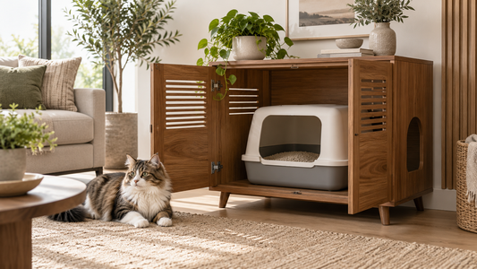 Ventilated litter box enclosure in a modern living room