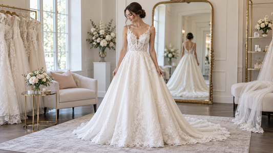 Bride wearing a wedding dress in a bright boutique