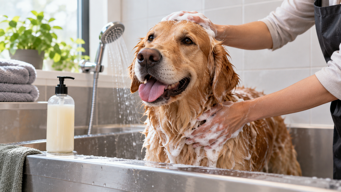 Golden retriever being gently bathed with dog shampoo