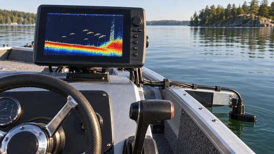 Fish finder mounted at a fishing boat helm on a lake