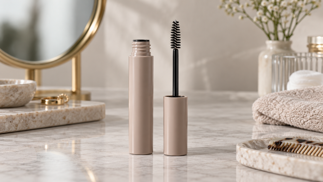 Unlabeled eyebrow gel tube and spoolie on a vanity