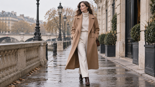 Woman wearing a long camel coat on a city street