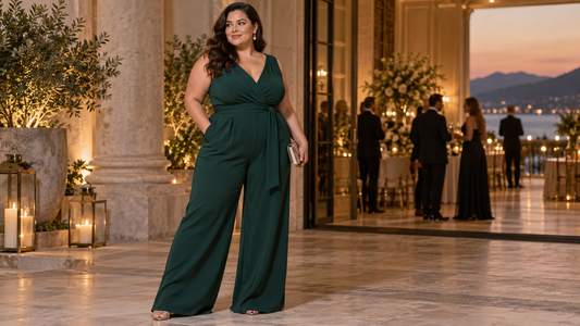 Plus-size woman wearing a wide-leg green jumpsuit