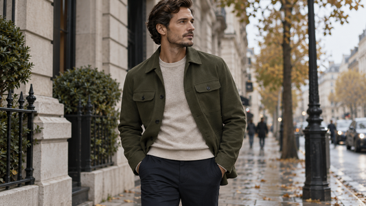 Man wearing an olive shirt jacket on a city street