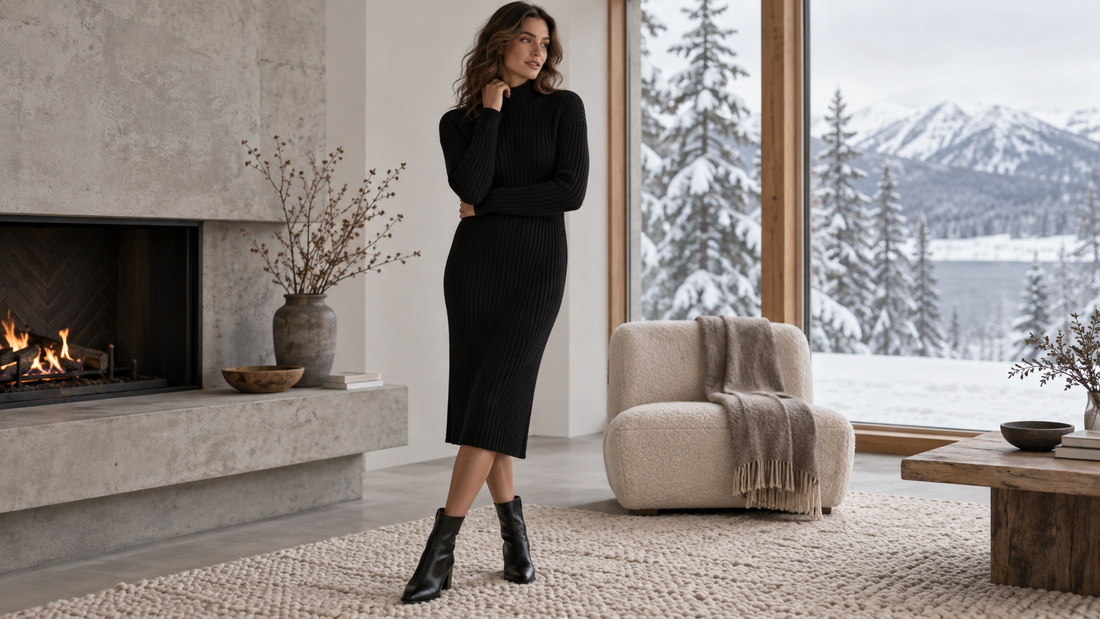 Woman wearing a black sweater dress in a winter interior
