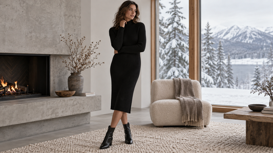 Woman wearing a black sweater dress in a winter interior