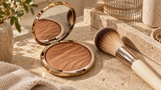 Unlabeled cream bronzer compact and makeup brush on a vanity