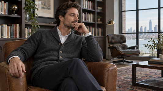 Man wearing a charcoal cardigan sweater in a library lounge