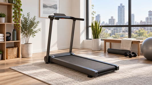 Compact portable treadmill in a bright apartment workout space