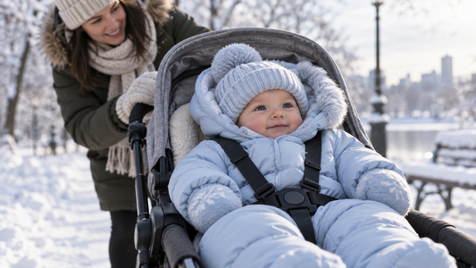 Baby wearing a warm blue snowsuit in a winter stroller