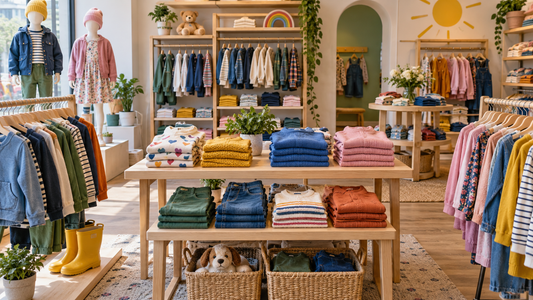 Colorful practical kids clothes arranged in a bright boutique