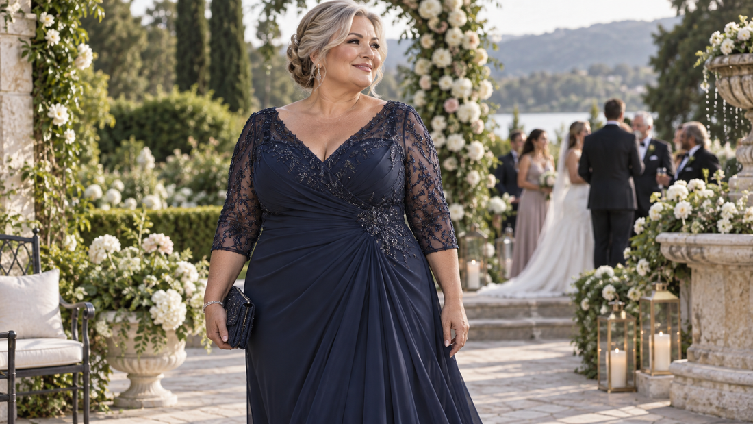 Plus-size mother of the bride wearing an elegant navy gown