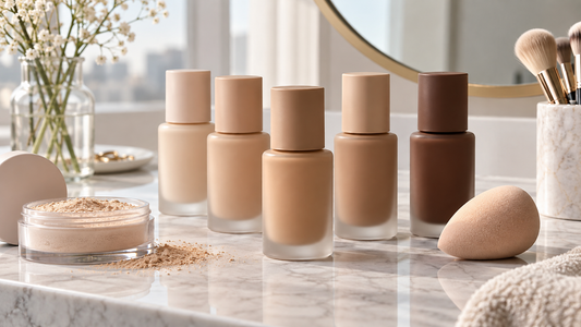 Unlabeled matte foundation bottles for varied skin tones