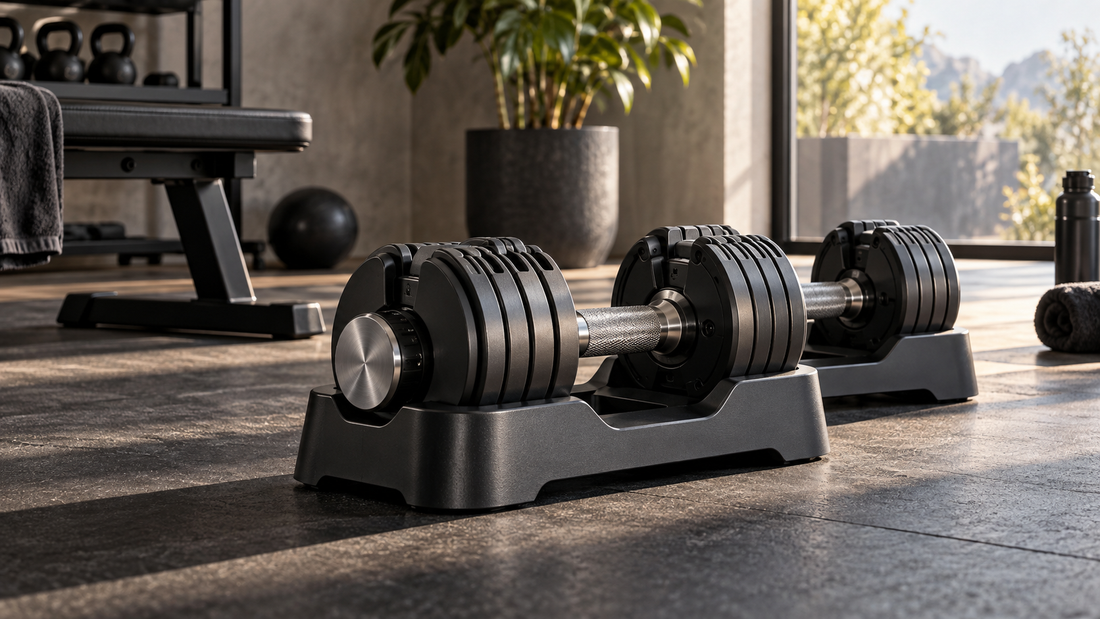 Pair of adjustable dumbbells in cradles in a modern home gym