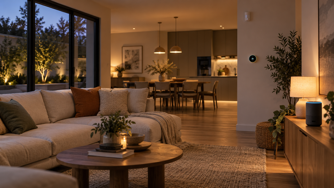 Modern smart home interior with connected lighting and devices