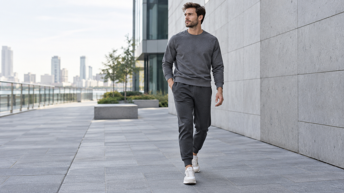 Man wearing charcoal jogger pants on a modern urban walkway