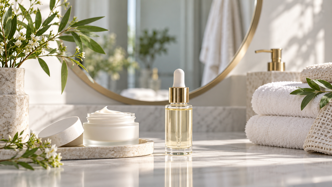 Unbranded skincare serum and cream in a bright minimalist bathroom