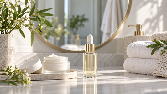 Unbranded skincare serum and cream in a bright minimalist bathroom
