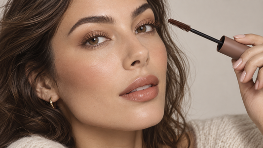 Woman applying natural brown mascara in soft studio light
