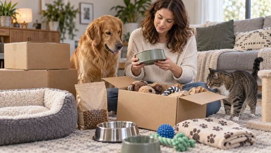 Pet owner unpacking online pet supplies with a dog and cat at home