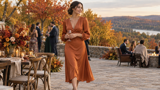 Woman wearing a burnt orange dress at an autumn outdoor event