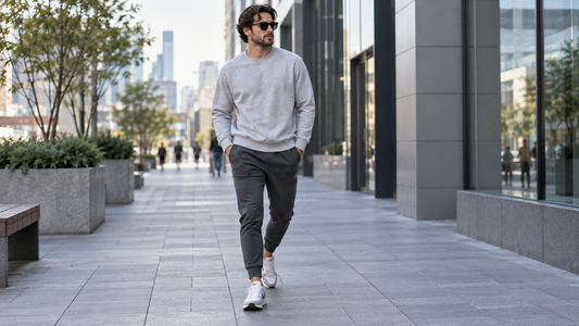 Person wearing charcoal jogger pants on a modern urban walkway