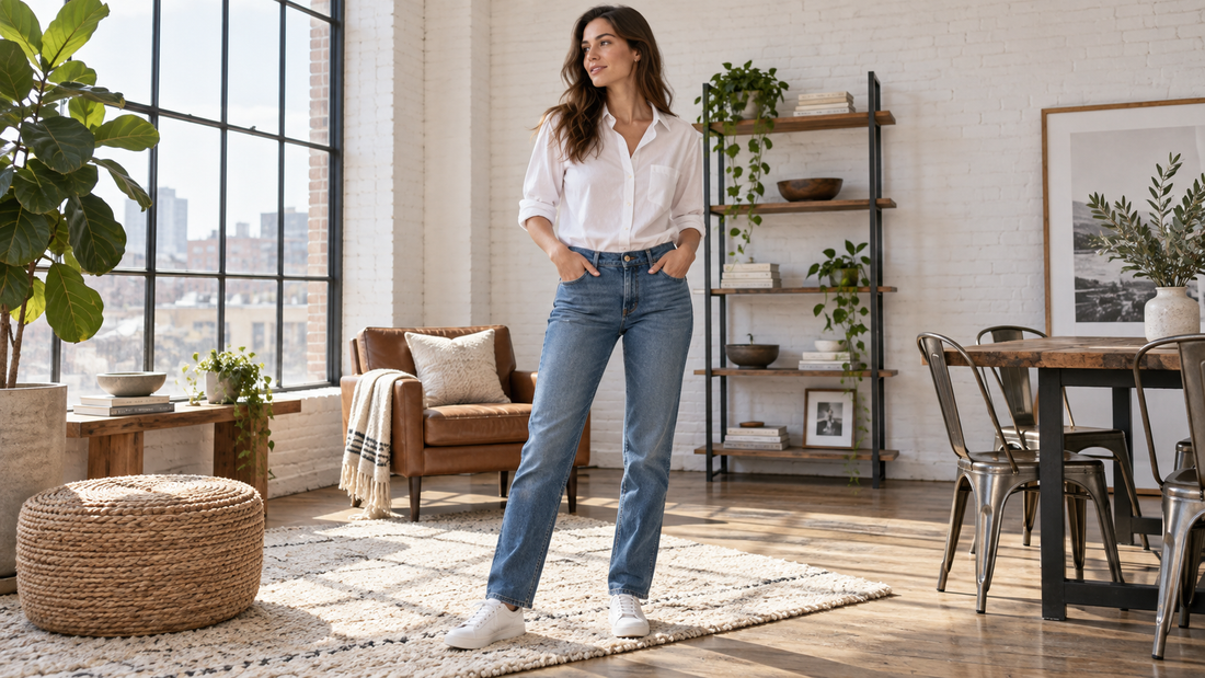 Woman wearing classic mid-rise straight-leg jeans in a bright loft