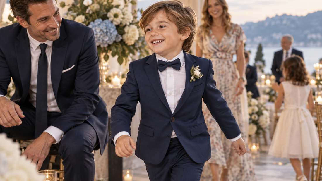 Child wearing a comfortable navy suit at an elegant celebration