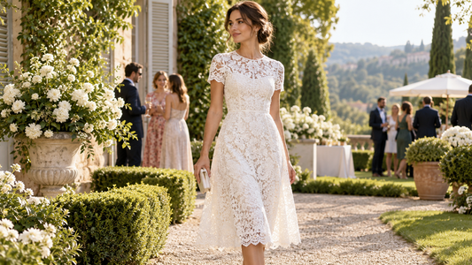 Woman wearing an elegant lined white lace dress at a garden event