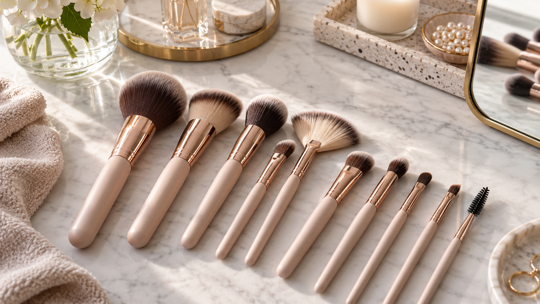 Curated set of unbranded makeup brushes on a clean vanity