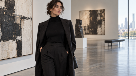 Woman wearing a black turtleneck sweater with tailored black trousers