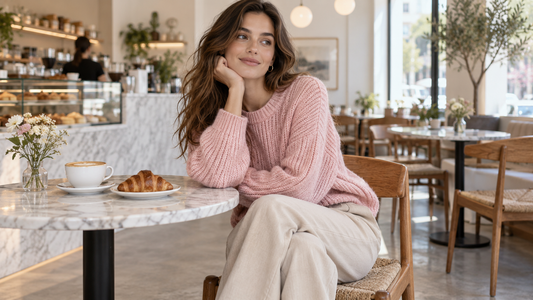 Woman wearing a soft pink knit sweater in a bright modern cafe