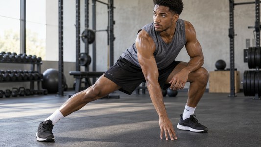 Athlete wearing breathable black mesh shorts during a gym warm-up